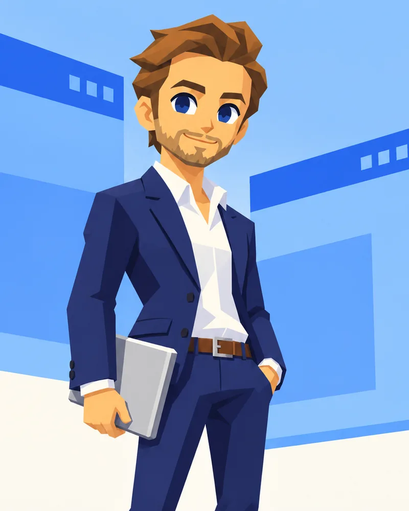 Illustration of Georgio, founder of CloseEase, in a navy suit with a laptop under his arm