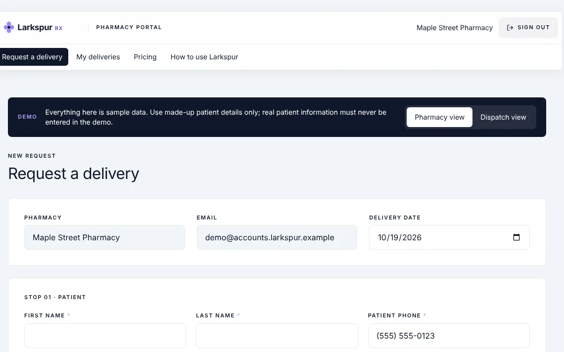 Partner portal for pharmacies: the Request a delivery form, with sample data