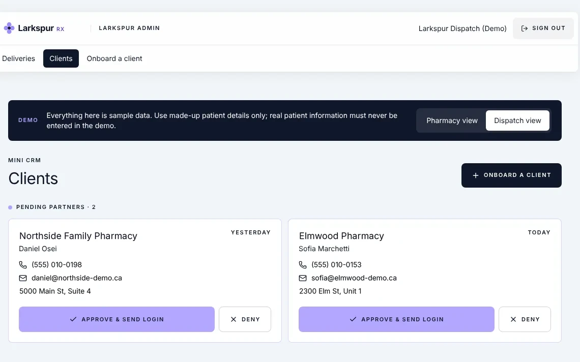 Client list in the portal, with two new pharmacies waiting for approval