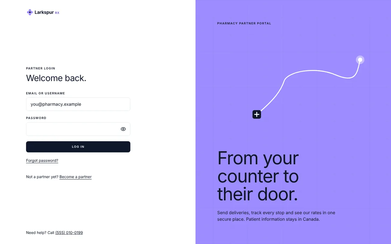 Partner login screen with the line: From your counter to their door