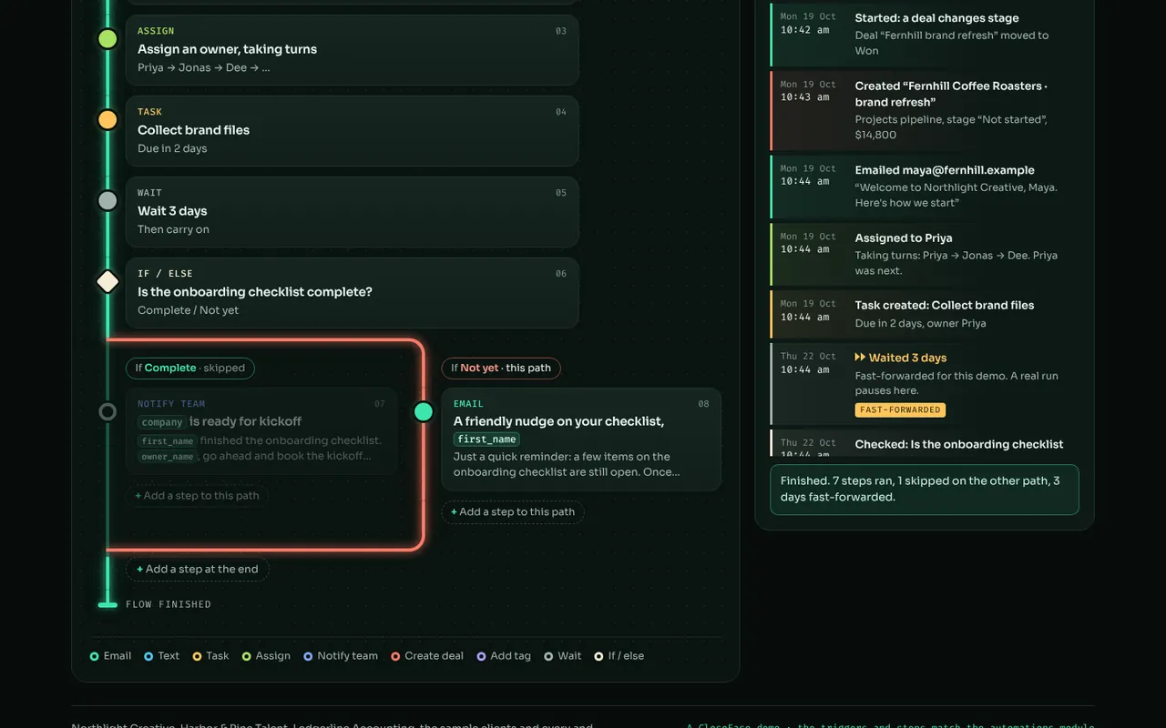 A test run: a condition splits into two paths and the run log lists each step