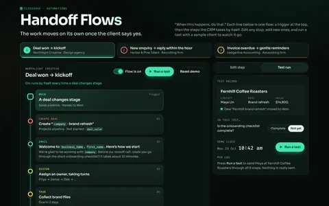 Handoff Flows: the Deal won to kickoff flow drawn as a transit line, with the test panel beside it