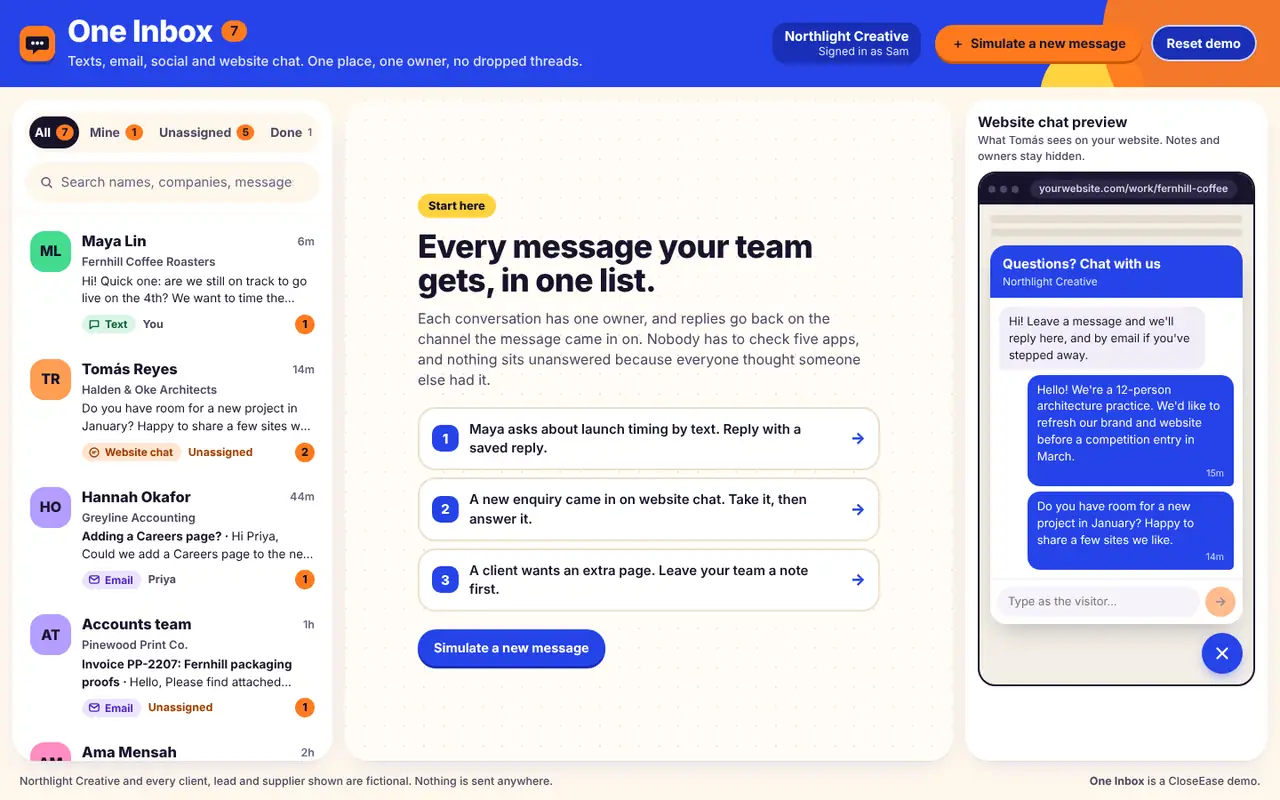 One Inbox: conversations from every channel in one list, with a website chat preview on the right