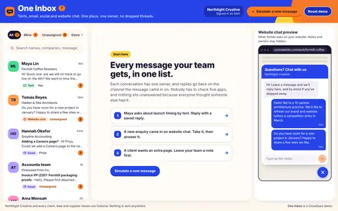 One Inbox: conversations from every channel in one list, with a website chat preview on the right