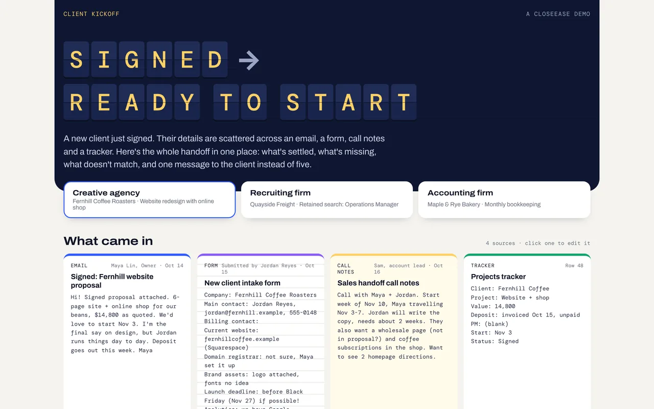 Client Kickoff start screen: Signed, ready to start, with three sample firms to pick from and the four sources below
