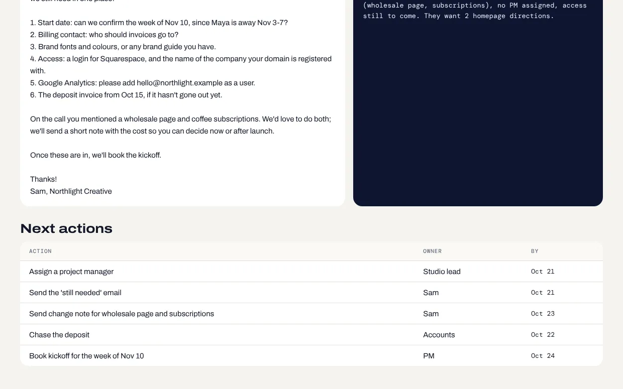 Drafted handoff note and a list of next actions with owners and dates