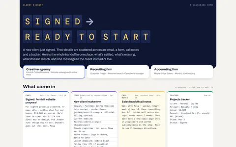 Client Kickoff start screen: Signed, ready to start, with three sample firms to pick from and the four sources below