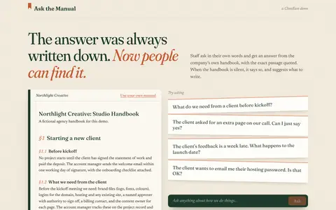 Ask the Manual start screen: The answer was always written down. Now people can find it. A studio handbook sits beside suggested questions
