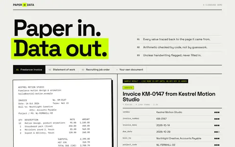 Paper to Data: a freelancer invoice on the left and the extracted fields on the right