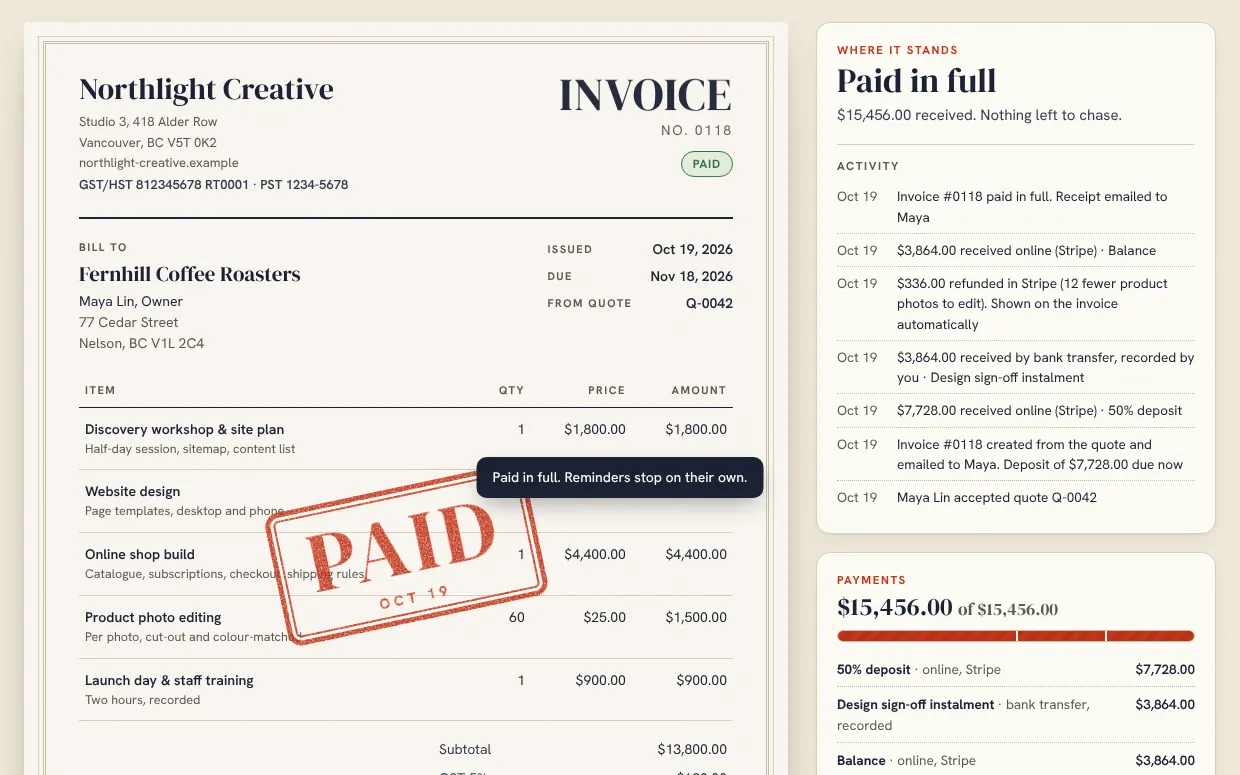 The invoice stamped PAID, with every payment listed beside it