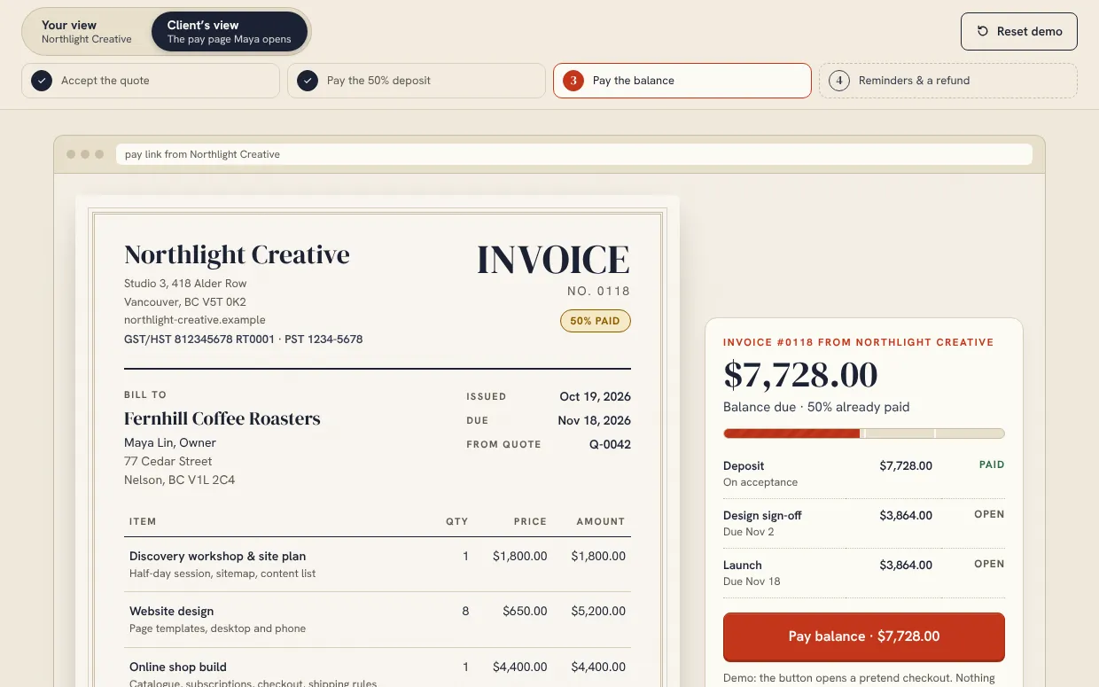 The client pay page: 50% paid, the balance due and a Pay balance button